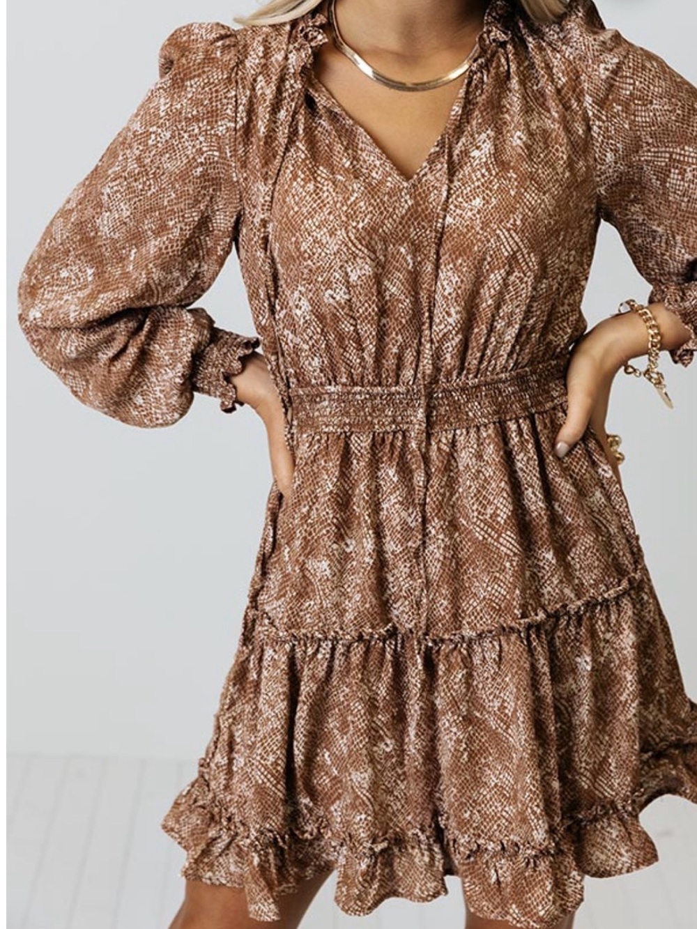 MINE Brown & Cream Snakeskin Ruffle Tier Mini Dress | Size L